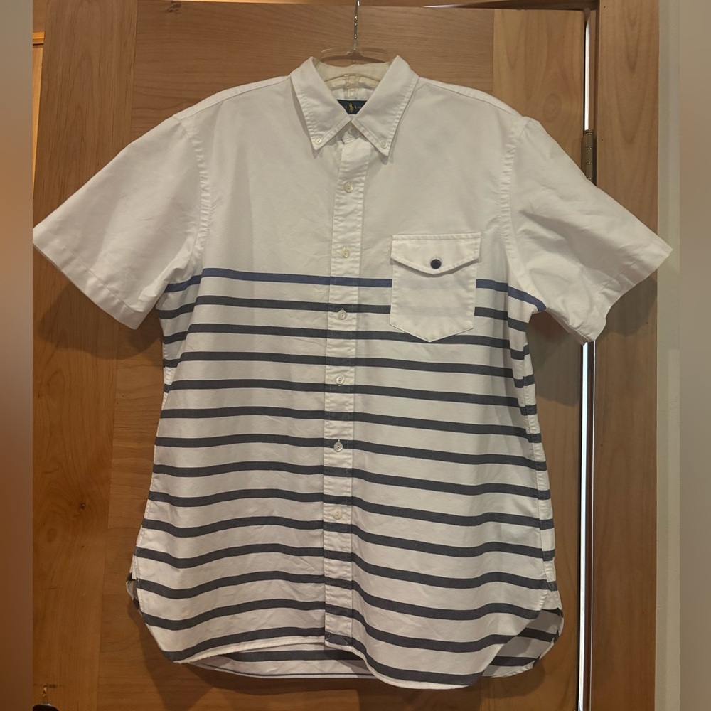 Ralph Lauren White Short-Sleeve Button-Down with Navy Stripes Size Large